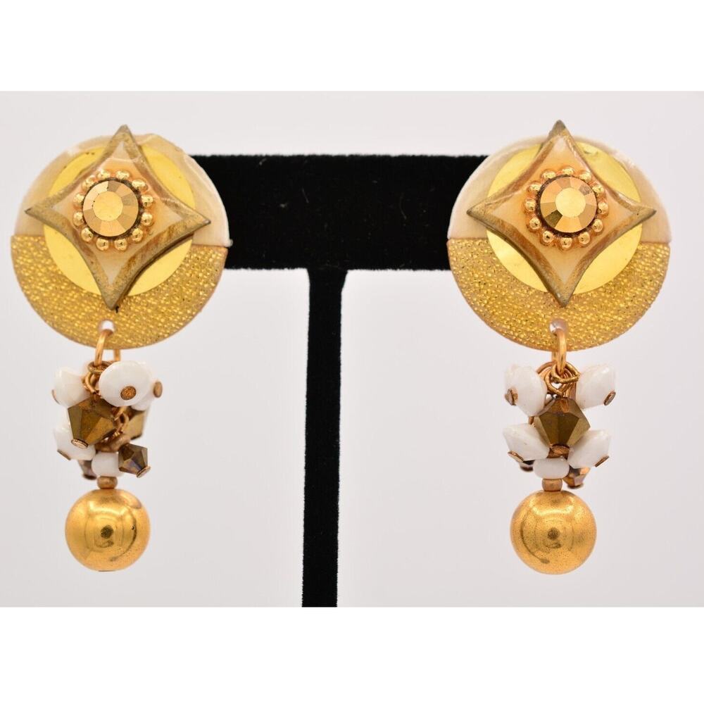 MAM Vintage Dangle Earrings Gold White Crystal Beaded Pierced Signed 1980s Bin5